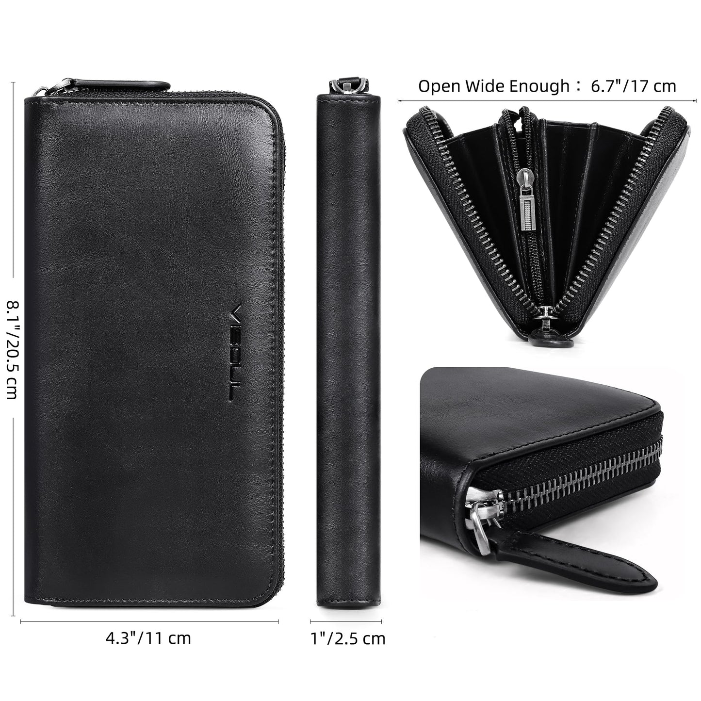 VISOUL Leather Long Zipper Pouch Wallet for Men and Women with RFID Blocking, Large Clutch Cash Long Wallet with Zipper (Black)
