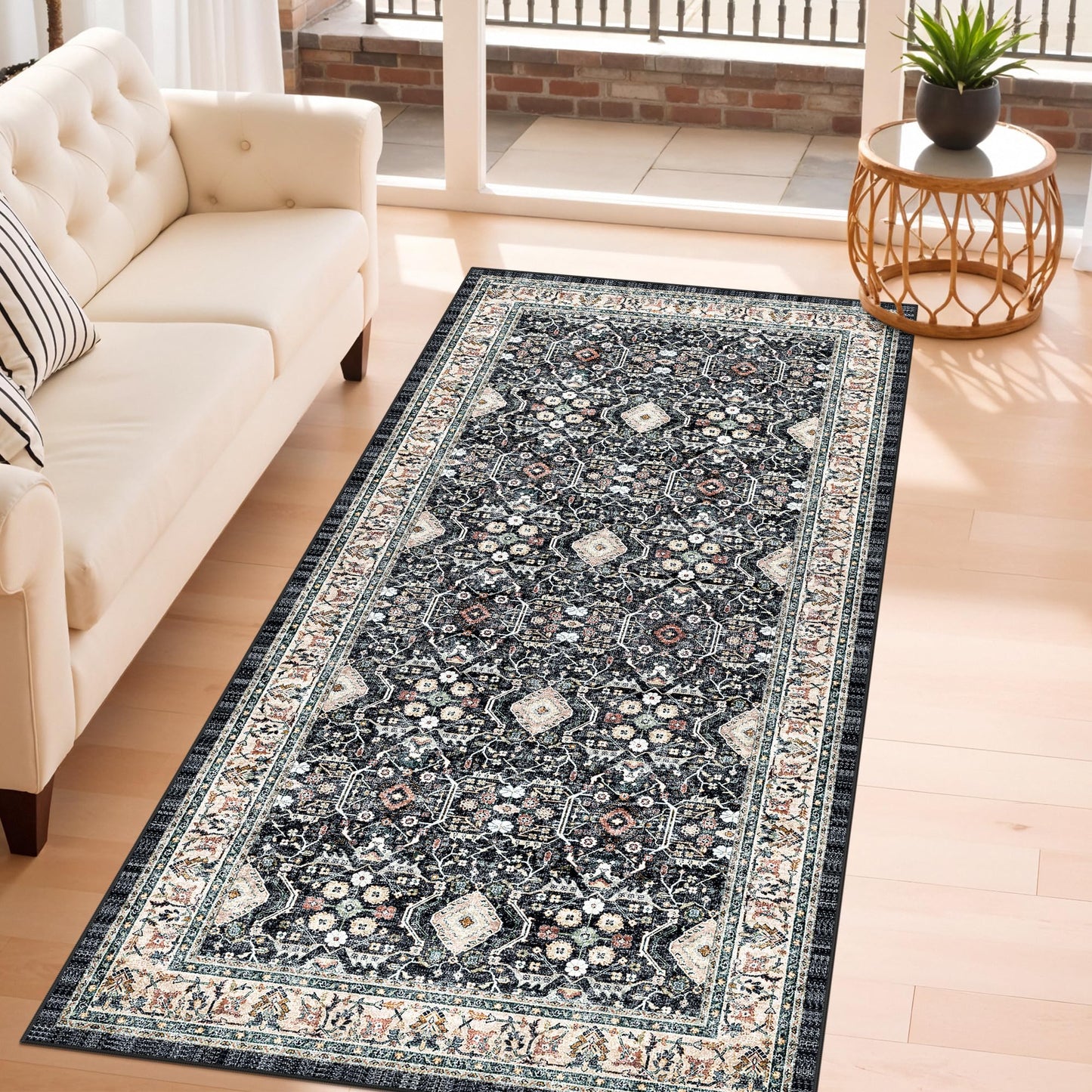 4x8 Washable Kitchen Area Rug: Farmhouse Stain-Resistant Rug for Living Room Bedroom Wide Soft Carpet for Entryway Dining Room Thin Hallway Floor Mat with Non Slip Backing Home Decor(4x8,Black Navy)