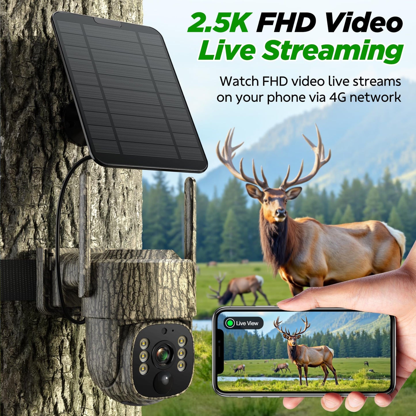 Trail Camera, 4G LTE Cellular Game Cameras with 360° Live Streaming, 2.5K Wildlife Hunting Camera Solar Powered, Security Camera Built-in SIM Card, Night Vision, Motion Activated, Waterproof, 2 Pack