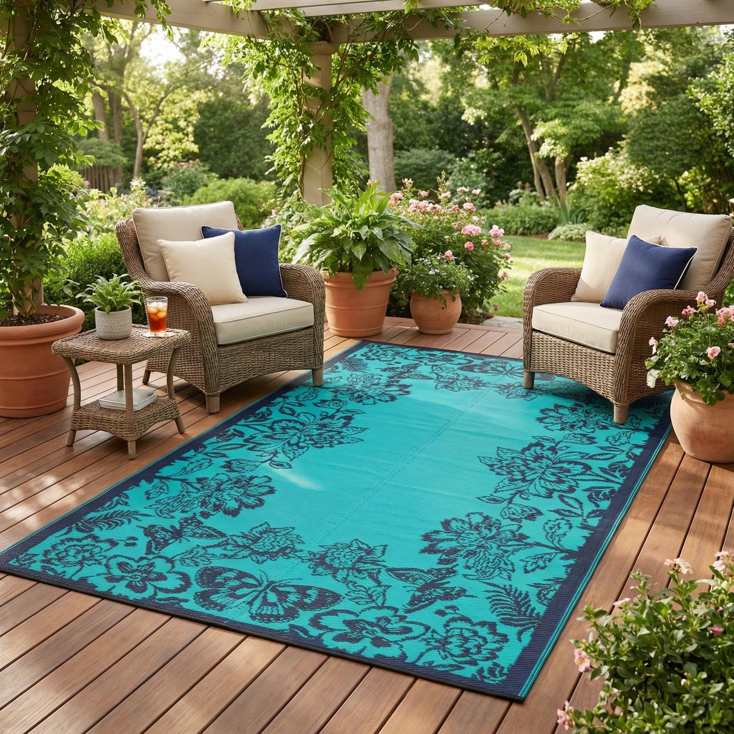 Garvee 5’x8’ Waterproof Patio Outdoor Rug, Outdoor Plastic Straw Rug for Camping, RV Mat Outside, Indoor Outdoor Carpet for Porch, Deck, Backyard, Balcony, Picnic, Dark Blue & Teal