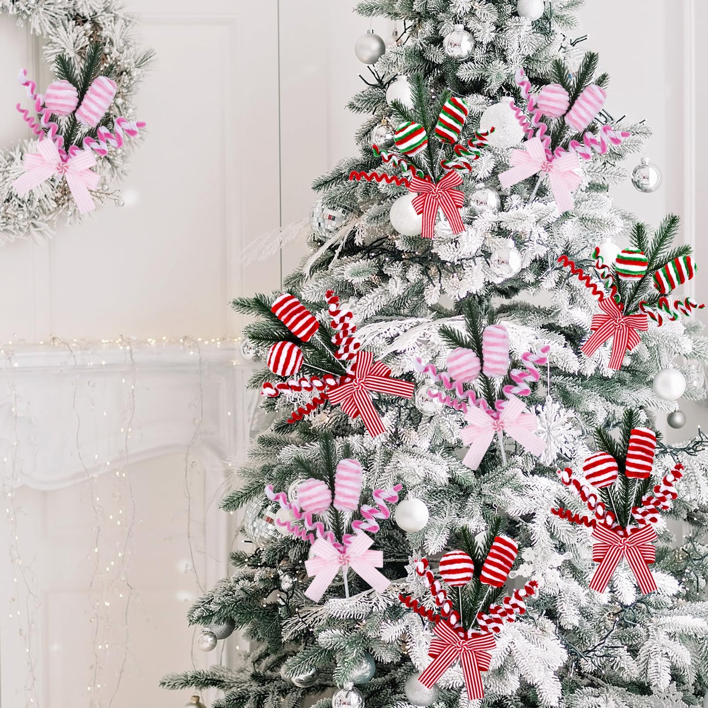 Candyland Christmas Tree Picks Set of 4, Red Green Peppermint Ornament Sprays with Bows and Greenery, Christmas Tree Topper Decorations, Gingerbread Christmas Decor for Tree, Wreath and Garland