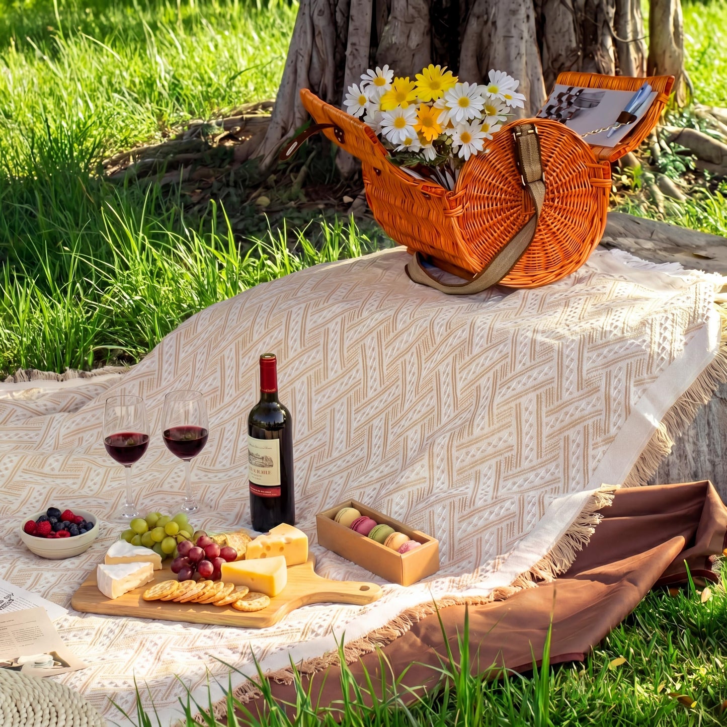 Chicplaid 2-in-1 102'' x 71'' Extra Large Outdoor Picnic Blankets Boho Blanket Beige White Waterproof Mat Woven Cotton for Summer Picnic Camping Beach Lawn Wedding Park Grass Music Festival Concert