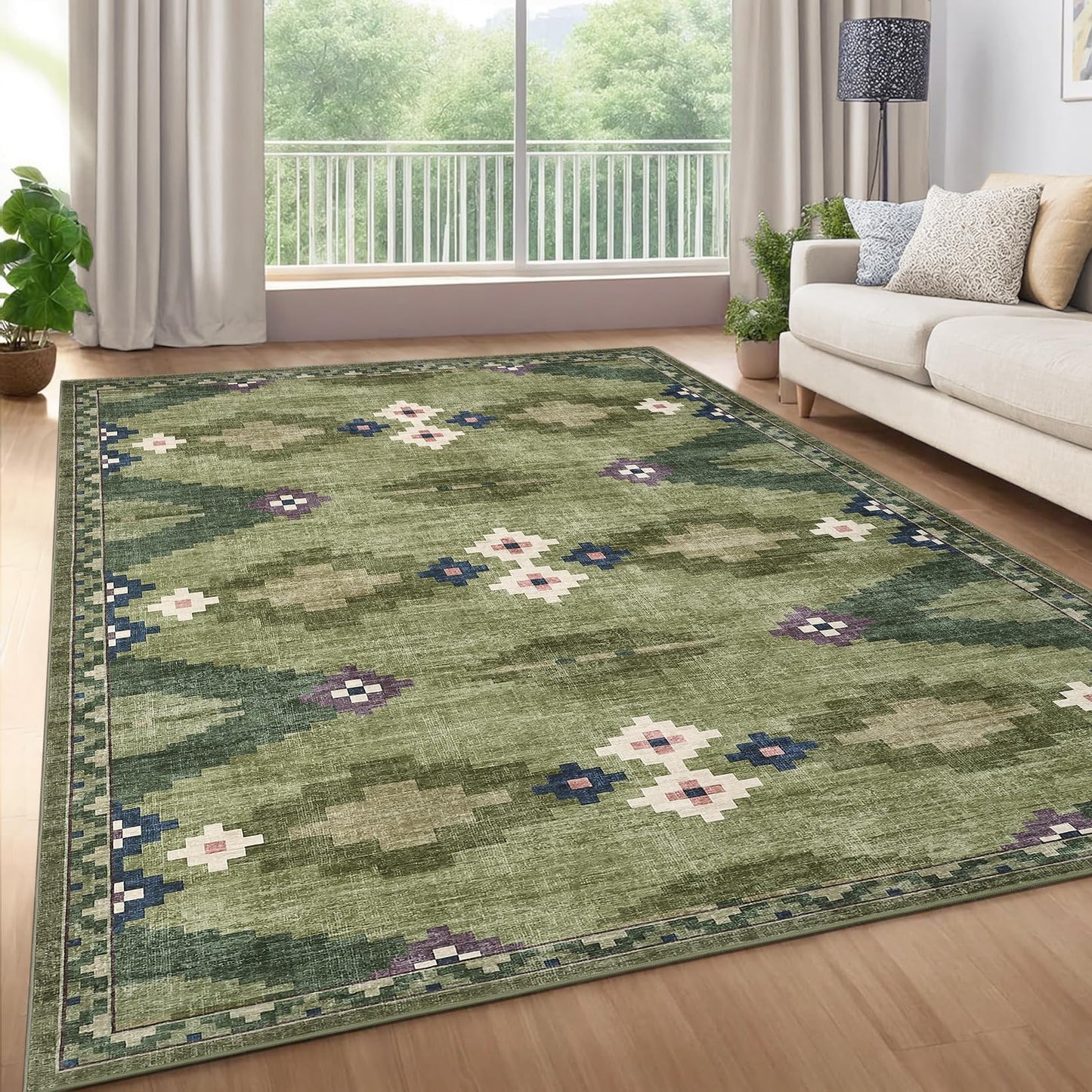 8x10 Washable Area Rug for Living Room Non Slip Modern Geometric Large Bedroom Rugs Stain Resistant Mid Century Dining Room Throw Carpet Soft Boho Tribe Area Rugs for Nursery Home Office, Green