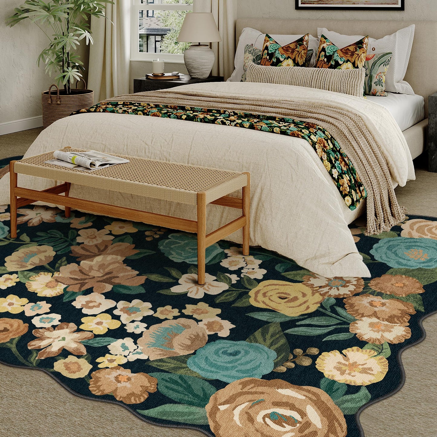 PureCozy Washable Floral Area Rug 6x9 Black Living Room Large Carpet Bedroom Scalloped Flower Non Slip Soft Throw Rug Farmhouse Low Pile Thin Indoor Floor Cover for Dining Room Office