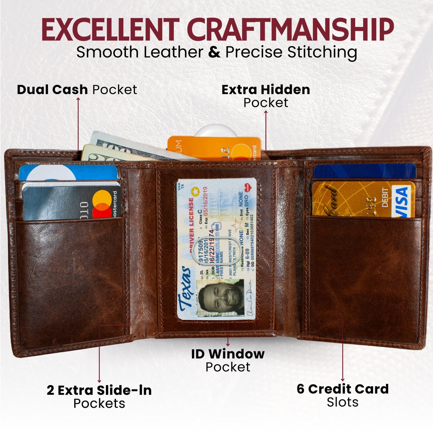 BULL GUARD Best Leather Men's RFID Trifold Wallet With ID Great Outdoor Wallet Durable Top Grain Leather Forest Brown, Double Cash Comparment with Secret Pocket, Compact & Secure Design, In Gift Box
