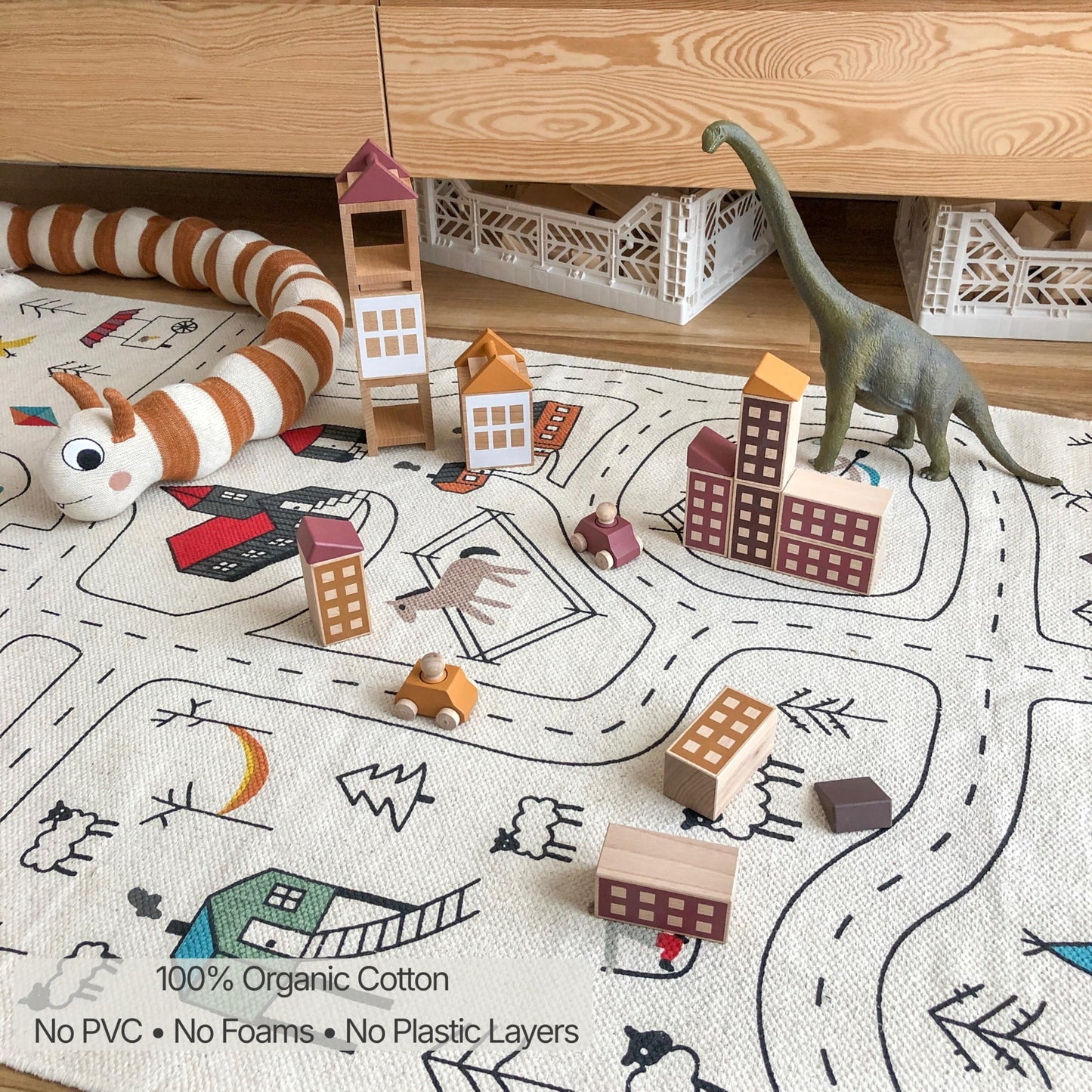Hand-Woven Organic Cotton Kids Play Rug (59 x 35 inches) – City Road Map Design, Non-Toxic & Eco-Friendly Nursery Playroom Carpet, Soft Scandinavian Style Mat
