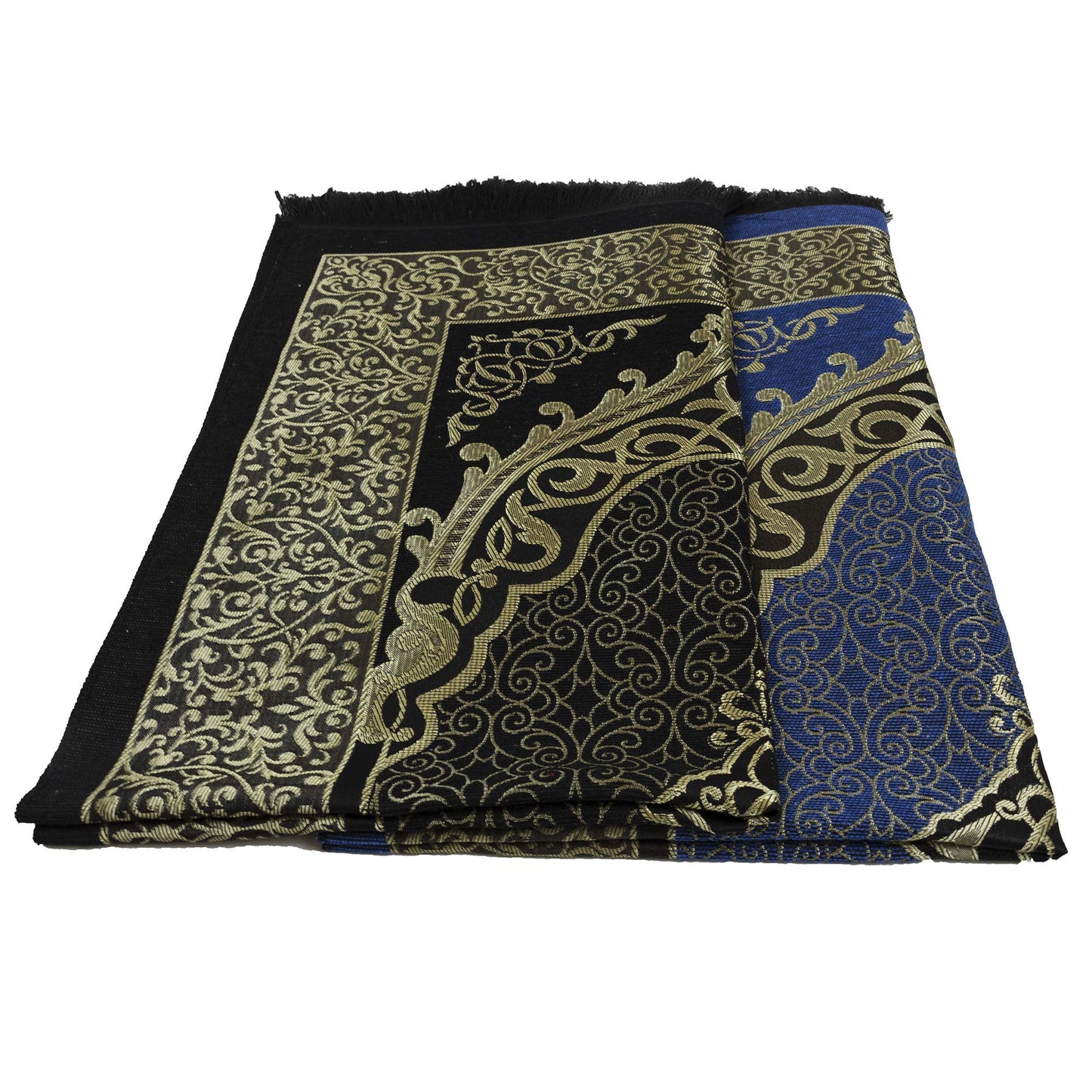 Modefa Islamic Prayer Rug Thin Woven Chenille and Taffeta Turkish Sajadah Intricate Design Metallic Ottoman Mat (Black + Blue)