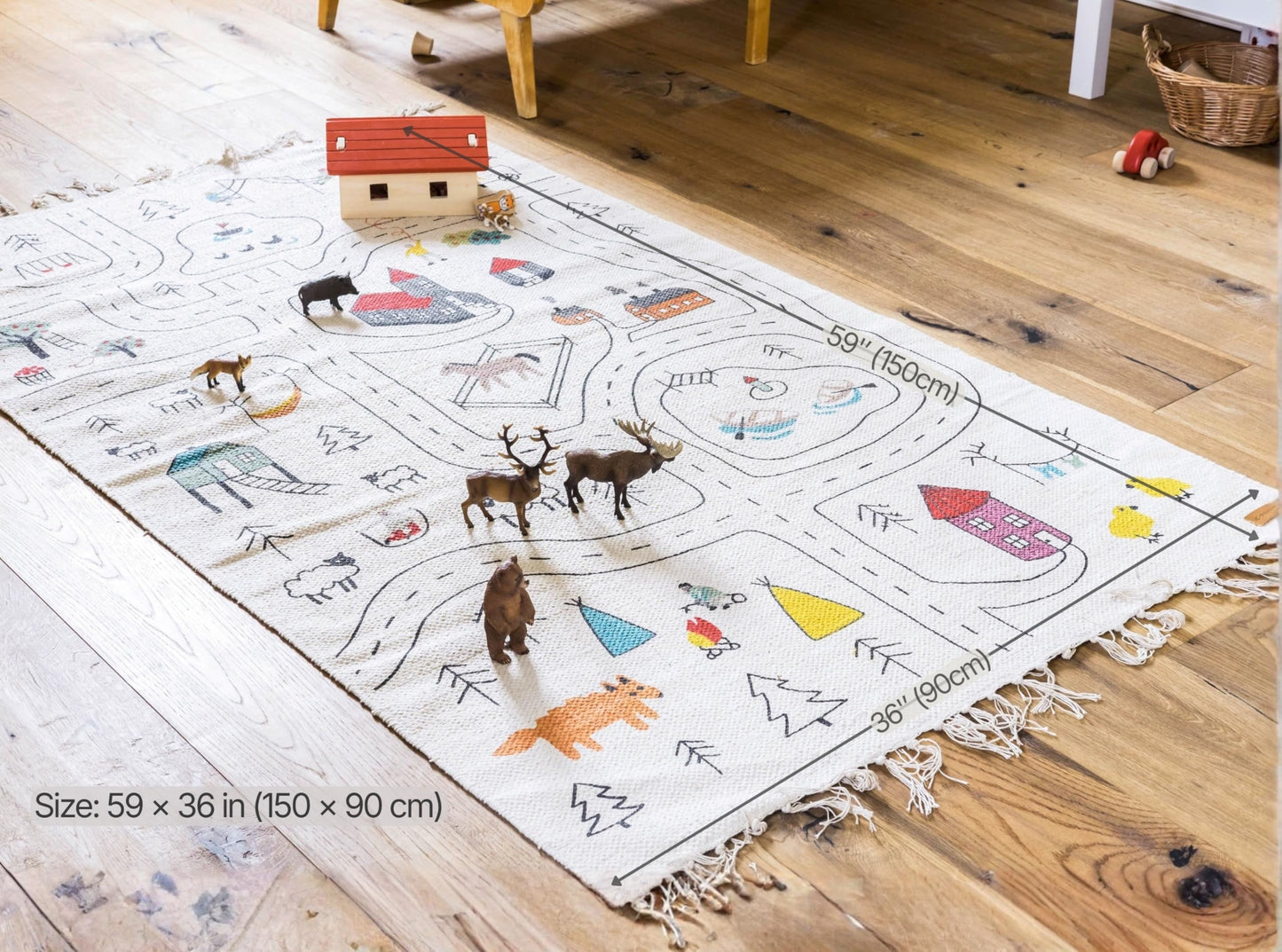 Hand-Woven Organic Cotton Kids Play Rug (59 x 35 inches) – City Road Map Design, Non-Toxic & Eco-Friendly Nursery Playroom Carpet, Soft Scandinavian Style Mat