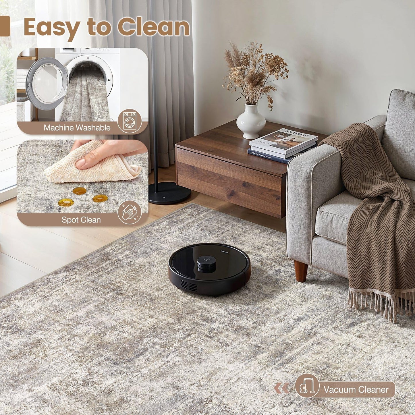 cotiled Washable 8x10 Area Rug for Living Room - Modern Abstract Carpet with Non-Slip Backing, Low Pile & Soft, Stain Resistant, Kid & Pet Friendly Decor for Bedroom & Dining Room - Brown Grey