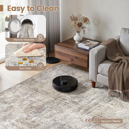 cotiled Washable 8x10 Area Rug for Living Room - Modern Abstract Carpet with Non-Slip Backing, Low Pile & Soft, Stain Resistant, Kid & Pet Friendly Decor for Bedroom & Dining Room - Brown Grey
