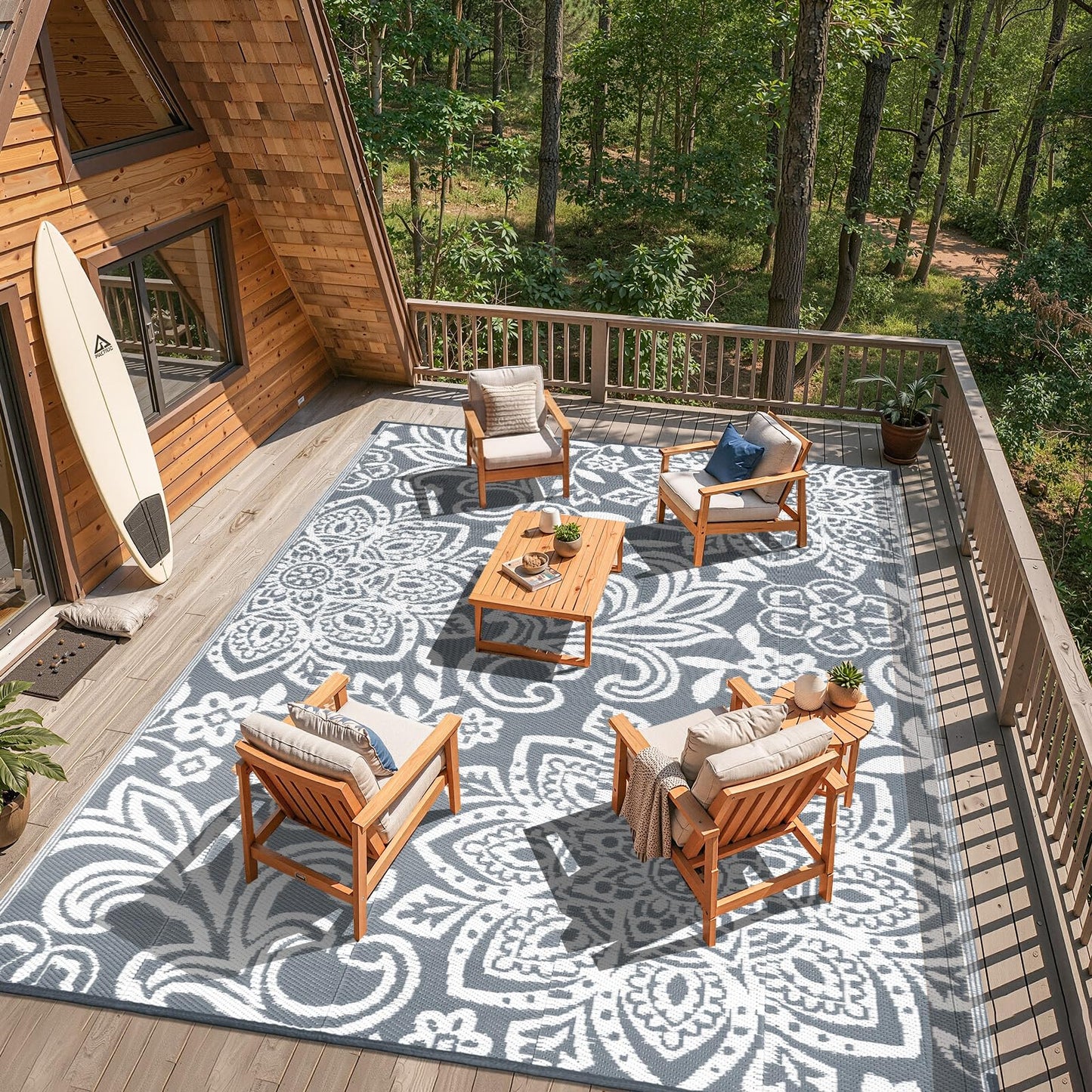 Findosom Waterproof Outdoor Rug 5' x 8' - Reversible Mandala Outdoor Plastic Straw Rug, Durable Foldable Patio Rug for RV, Deck, Balcony, Backyard, Picnic, Porch, Camping, Beach, Gray