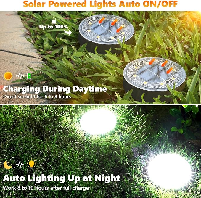 Joomer Solar Ground Lights, 12 Pack 8 LED Solar Lights Outdoor Waterproof IP68 Disc Light Landscape Lighting Garden Light for Patio Pathway Lawn Yard Driveway Walkway(White)