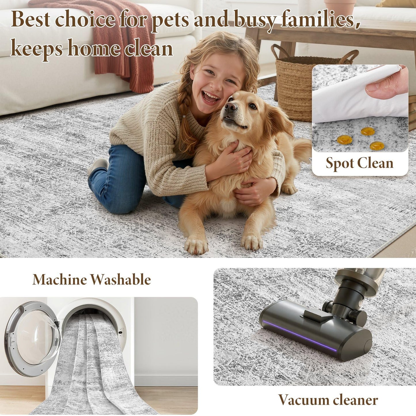 ELLIUNE 3x5 Area Rugs Living Room: Washable Non Slip Soft Abstract Gray Rugs for Bedroom Dining Deor, Low Pile Stain Resistant Indoor Carpet for Farmhouse Nursery Office Kid & Pet Friendly