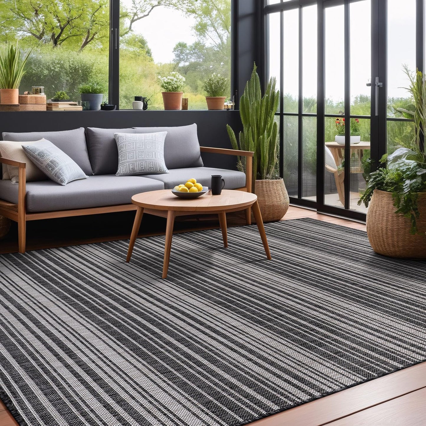 Luul Home Stripe Outdoor Rug 6x9 Washable Outside Carpet for Indoor Patio Porch Waterproof Easy Cleaning Non Shedding Area Rugs Dark Gray 6 x 9