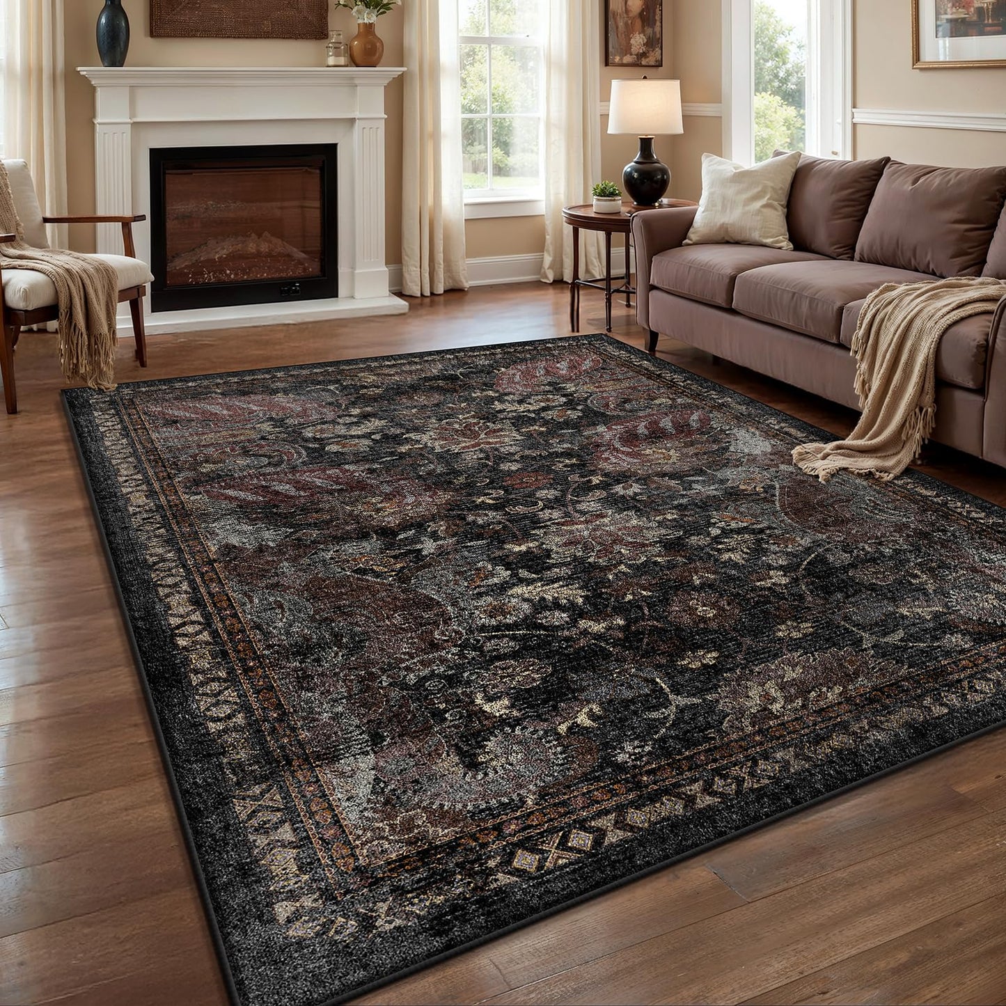 RUGIXE 5x7 Red Washable Area Rug, Vintage Persian Non Slip Foldable Rug for Living Room, Bedroom, Dining Room, Soft Low Pile Chenille Rug