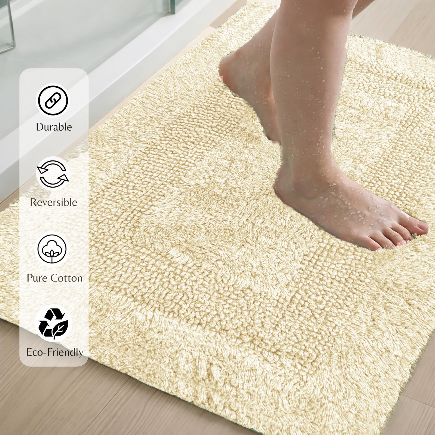 Cotton Reversible Bathmat Rug Set of 2, 21x32/17x24 Inches - Light Yellow, Quick Dry Water Absorbent Hotel Quality Bath Rugs Ideal for Kitchen, Bathroom, Toilet | Spa Style Ultra Soft Mat for Washable