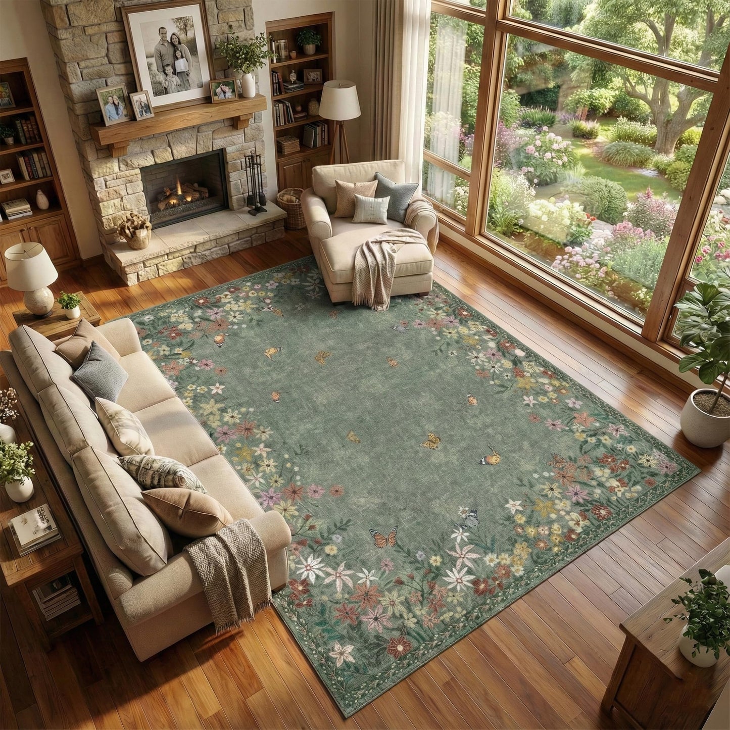 Floral 5x7 Green Area Rug Machine Washable Soft Print Boho Carpet Non Slip Rugs Low Pile Flower Area Rugs for Living Room Bedroom Nursery Kitchen Dining Room Indoor-Green