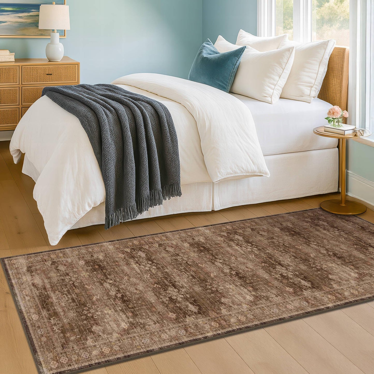 Brown Boho Washable 2x6 Runner Rugs for Hallway Kitchen Bedroom Beside Laundry Room Bathroom Rug, Pet & Kids Friendly, Non Slip Low Pile Stain Resistant Soft Faux Wool Long 24 x 72 Floor Carpet