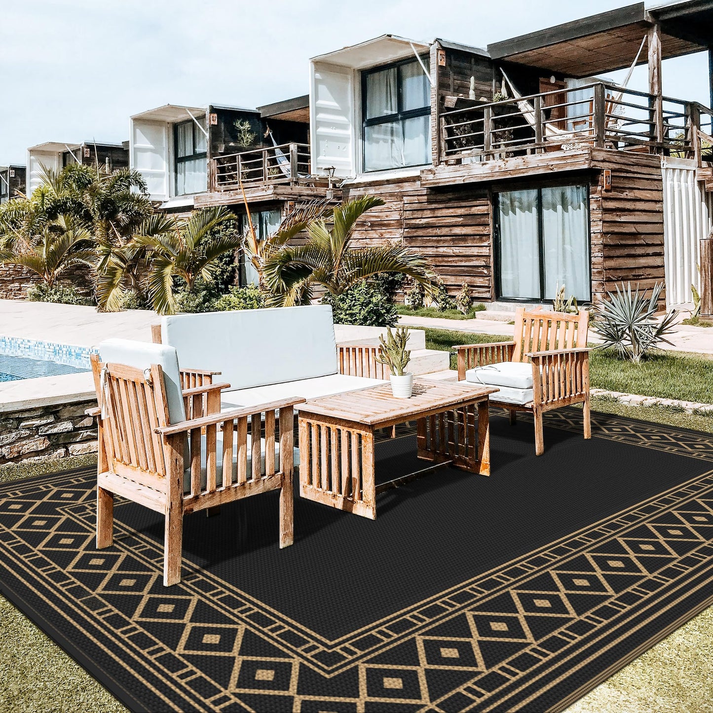 GENIMO Outdoor Rug Waterproof 10'x14' for Patio, Foldable Reversible Plastic Straw Carpet for Travel Trailers, Outside Area Mat for Rv, Deck, Picnic, Porch, Camper, Balcony, Beach, Black & Brown