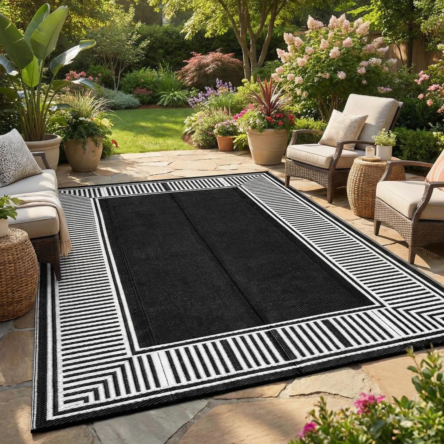 GAOMON Outdoor Patio Rug 8x10 Reversible Camping Mat, Stain-Resistant Plastic Straw Rug, Easy to Clean, Waterproof Indoor Outdoor Carpet for Porch, Deck, Balcony, Beach, GardenBorder-Black