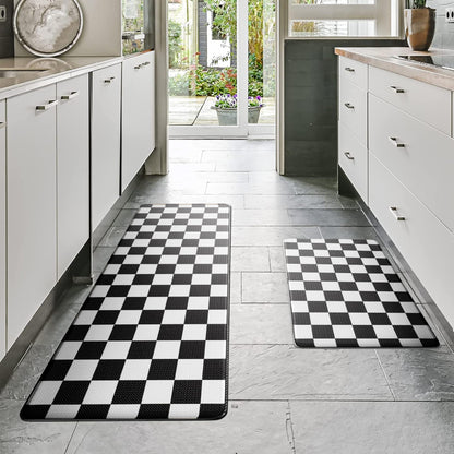 VivaNest Black Checkered Grid Checkerboard Kitchen Rug Sets [2 PCs], Anti-Fatigue, Waterproof Non-Slip Kitchen Mats Heavy Duty Ergonomic Comfort Foam Rug for Floor, Home, Laundry,17"x29"+17"x47"