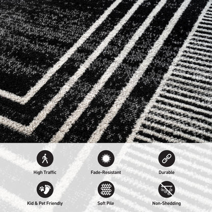 Rugshop Contemporary Geometric Bordered Runner Rug for Hallway,Entryway,Kitchen Rug Low Pile Rug with Jute Backing 2' 3" x 12' Black