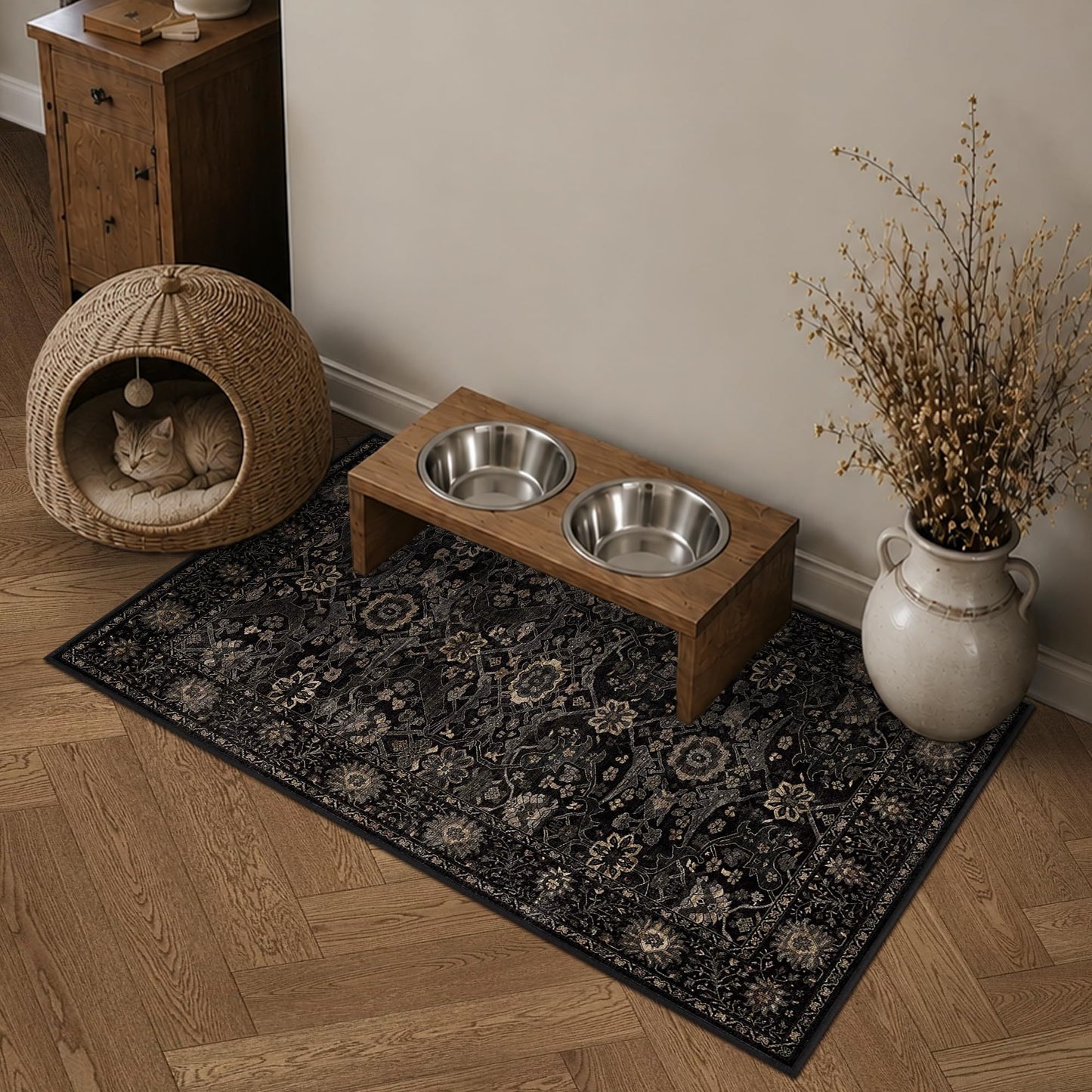 2x3 Entryway Rug Black Gold Washable Rugs for Entryway Kitchen Low Pile Non-Slip Door Mat Traditional Distressed Small Carpet for Kitchen Entrance Bathroom