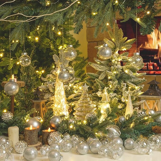 XmasExp 32ct Christmas Ball Ornaments Set -Silver Clear Plastic Shatterproof Xmas Tree Ball Decorations Hanging Baubles for Holiday Decor