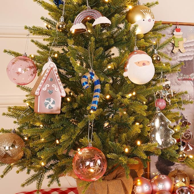Alupssuc 65pcs Christmas Balls Ornaments Set, Shatterproof Plastic Baubles Gold Gingerbread House, and Tree Topper for Xmas Tree Holiday Wedding Party Decorations with Hanging Strings, Macaron Pink