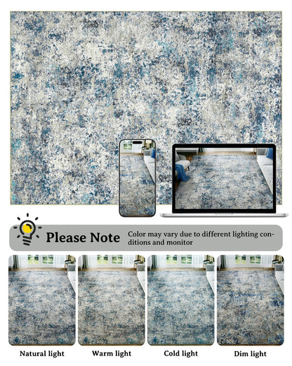 AUKOW Washable Area Rug for Living Room: 6x9 Modern Abstract Neutral Soft Rug for Bedroom Dining Room No Slip Low Pile Carpet for Nursery Home Office - Grey/Blue