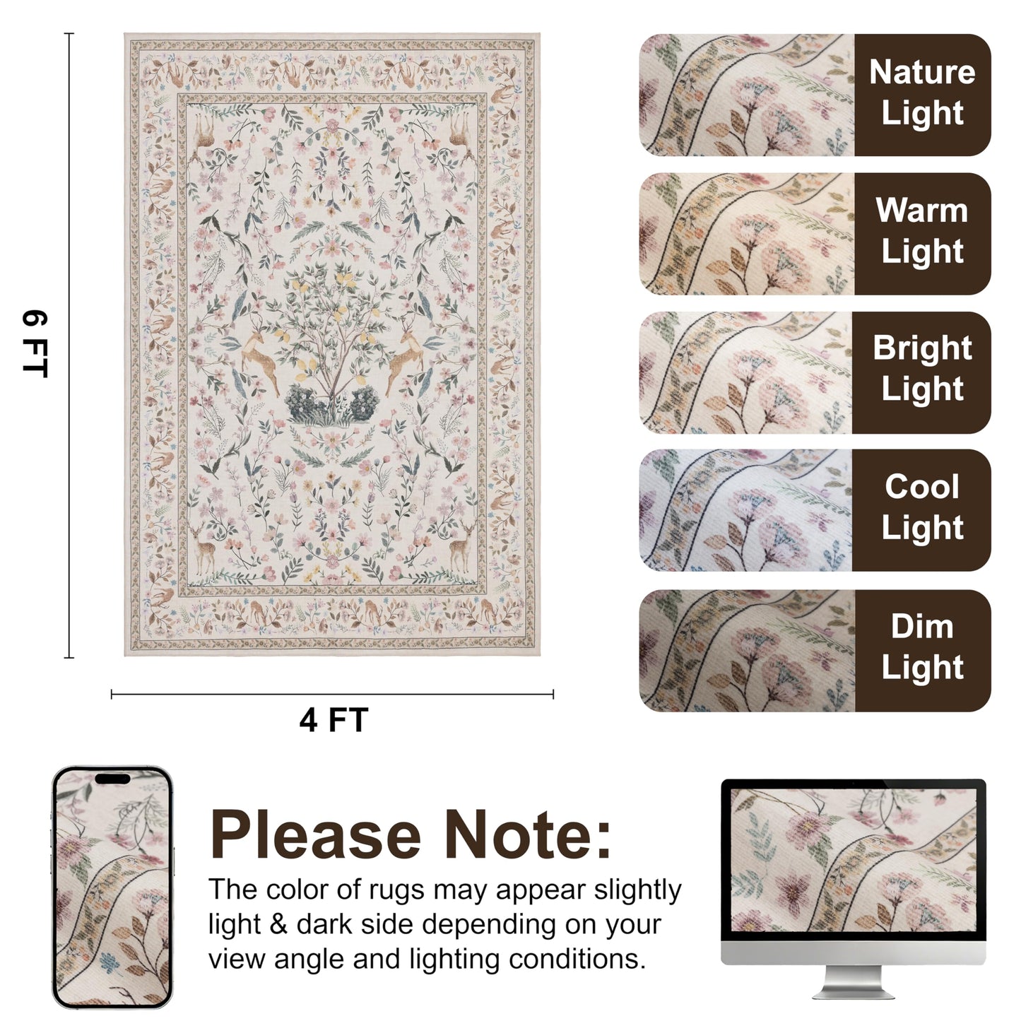 4x6 Area Rugs, Floral Washable Rugs with Non-Slip Backing, Low Pile Soft Carpet for Nursery, Living Room, Bedroom, Kids Room, Home Office, Farmhouse, Beige Green
