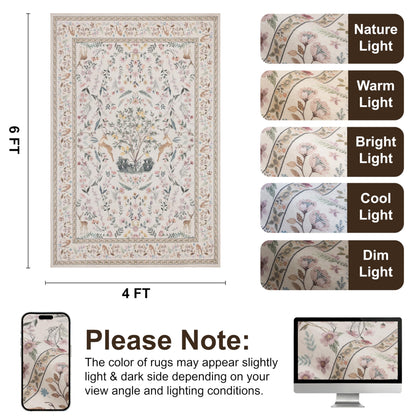 4x6 Area Rugs, Floral Washable Rugs with Non-Slip Backing, Low Pile Soft Carpet for Nursery, Living Room, Bedroom, Kids Room, Home Office, Farmhouse, Beige Green