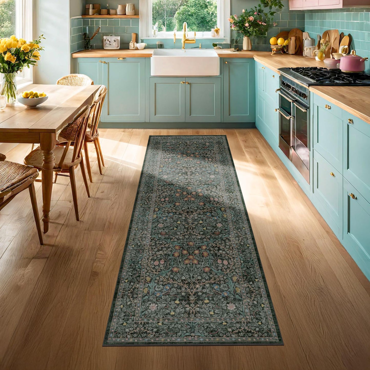 Dark Green 2x5 Runner Rug Non Slip Washable for Bathroom, Kitchen, Floral Boho Low Pile Entryway Rug, Door Mat Indoor Entrance, Small Carpet Runner for Laundry Room