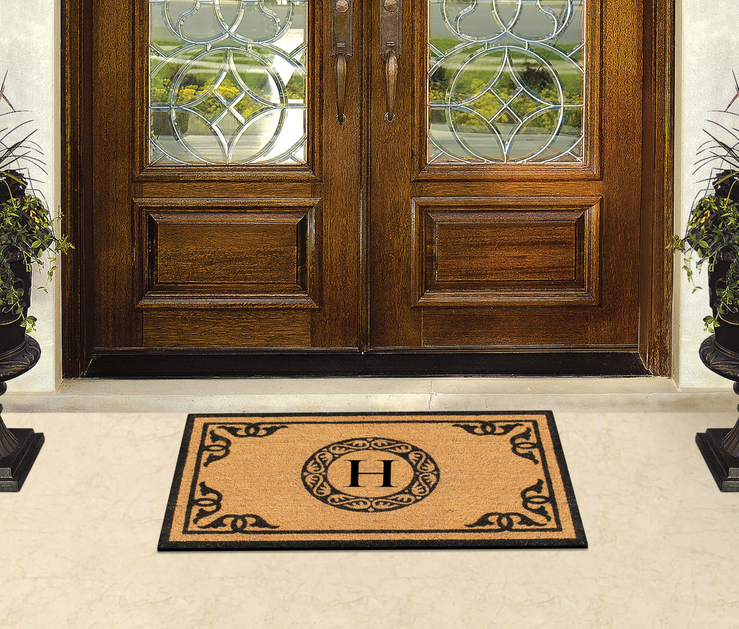 A1HC Natural Coir Monogrammed Doormat for Outside Entrance, Anti-Shed Treated Mats, Heavy Duty Durable EntryMat, Easy to Clean Front Door Mat - H, 24" X 39"