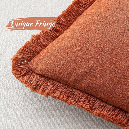 MIULEE Fall Decorative Throw Pillow Covers Neutral Linen Fringe Throw Pillows Set of 2 Burnt Orange Boho Farmhouse Cushion Covers with Tassels for Couch Sofa Bed Living Room Home Decor 16x16 Inch