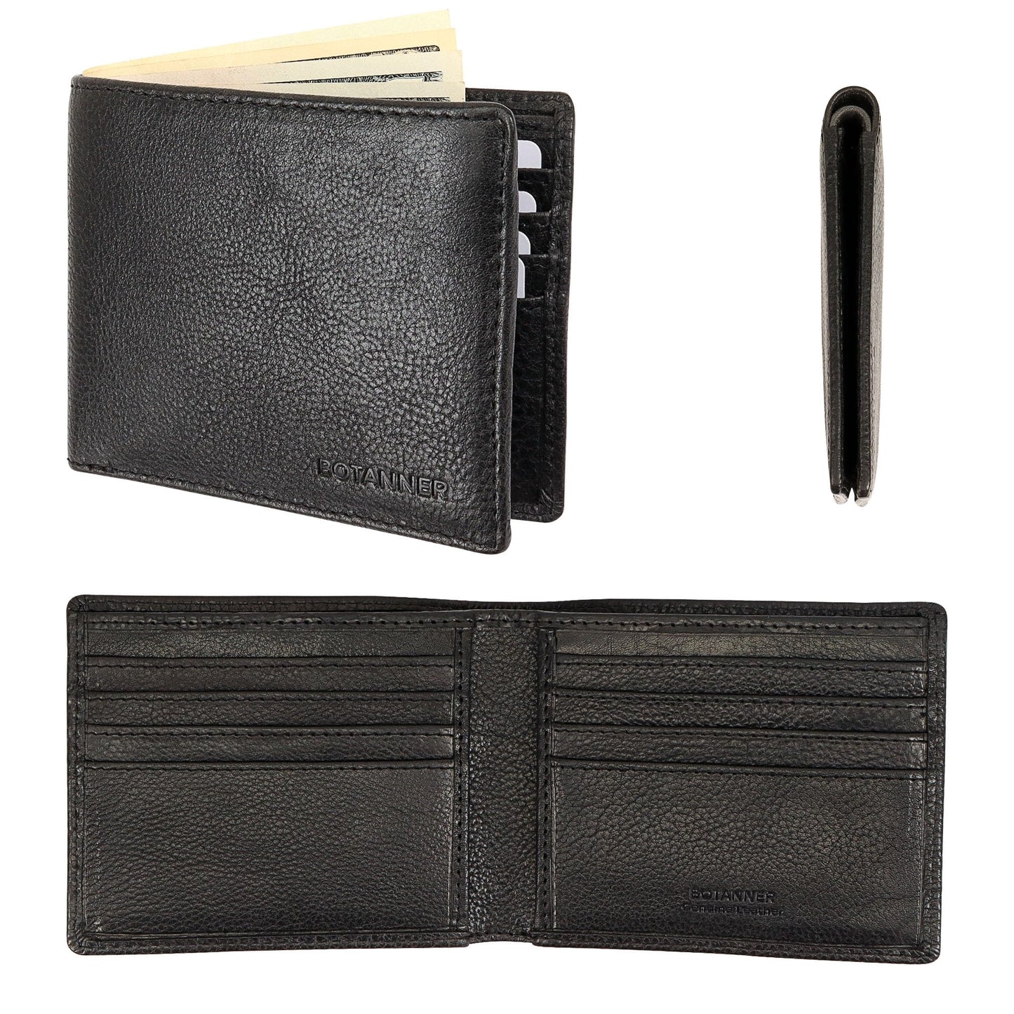 BOTANNER Genuine Leather Bifold Mens Slim Wallet RFID Blocking with 8 Credit Card Slots 2 Sections for Bills 2 Additional Slots | For Him (Black)