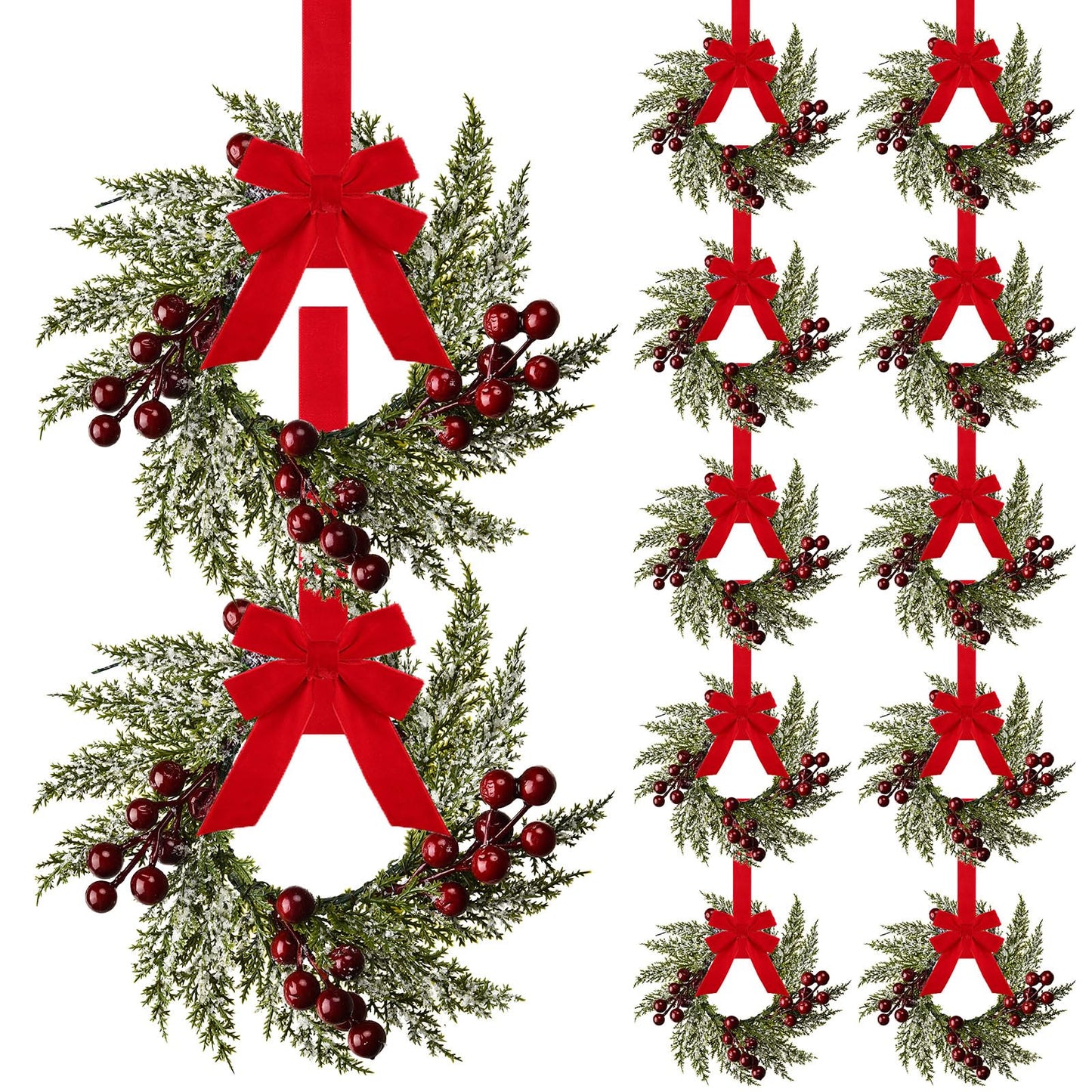 12 Pieces 8" Mini Christmas Wreaths - Small for Kitchen Cabinet/Window/Front Door, Artificial Red Berries & Pinecones, Christmas Candle Rings, Table/Farmhouse Decoration (No Ribbon)
