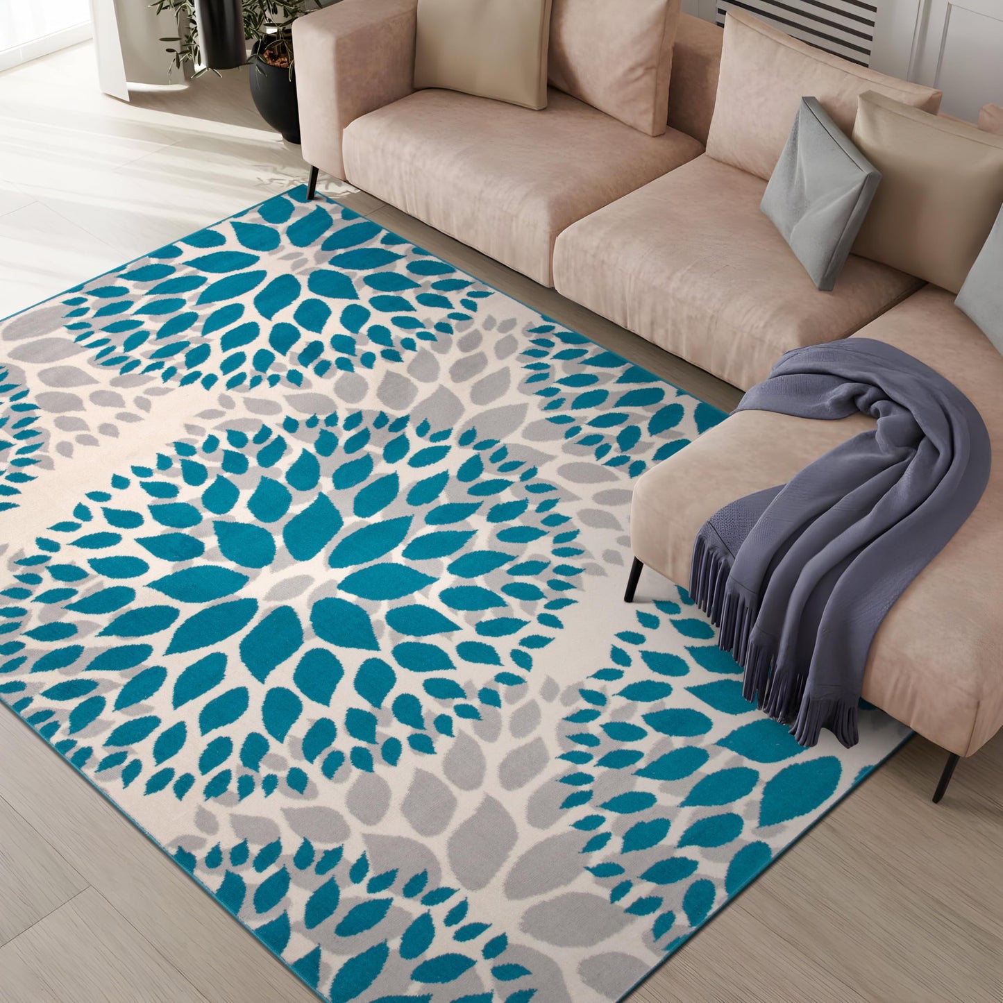 Rugshop Modern Floral Circles Design Easy Cleaning for Living Room,Bedroom,Home Office,Kitchen Non Shedding Area Rug 5' x 7' Blue