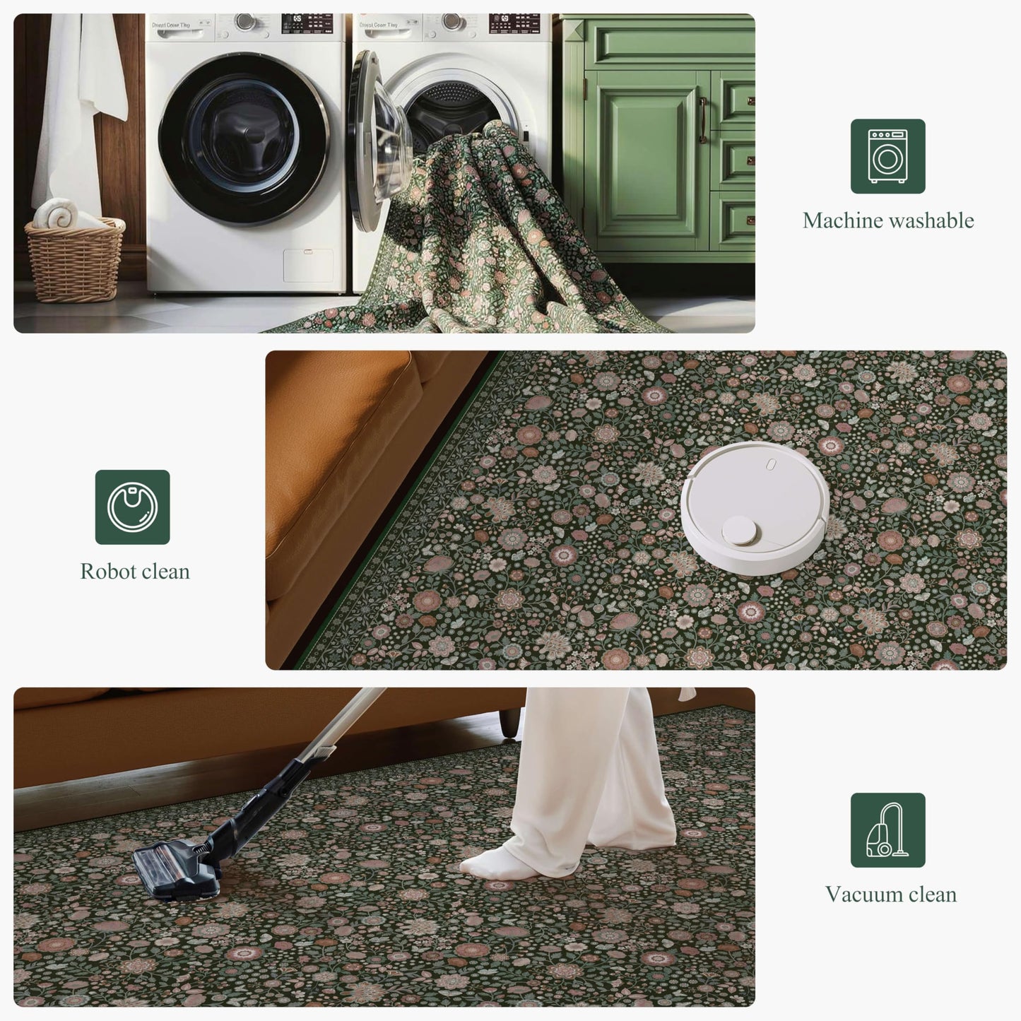 Clemile Floral Oval Rug 4x6 - Washable Ultra-Thin Living Room Rug Non-Slip Carpets - Soft & Stain Resistant Rug for Kitchen Bedroom Dining Room Indoor Nursery Dark Green