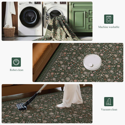 Clemile Floral Oval Rug 4x6 - Washable Ultra-Thin Living Room Rug Non-Slip Carpets - Soft & Stain Resistant Rug for Kitchen Bedroom Dining Room Indoor Nursery Dark Green