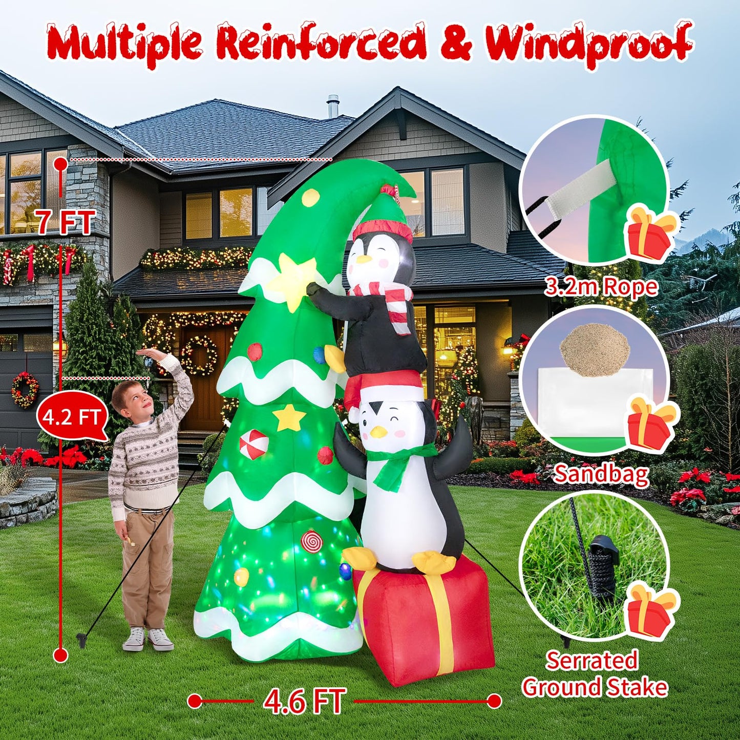 7FT Inflatable Christmas Tree Outdoor Decorations, Blow up Christmas Tree with Penguins & Gift Box Yard Decorations, Build-in LED Lights for Holiday Party Indoor Garden Lawn Patio Festive Decor