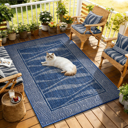 Jute Rug 3x5 Outdoor Patio Rug with Border, Washable Rugs for Entryway Porch, Farmhouse Non Slip Area Rugs with Rubber Backing, Non Shedding Carpet for Indoor Outdoor Bedroom, Courtyard, Blue