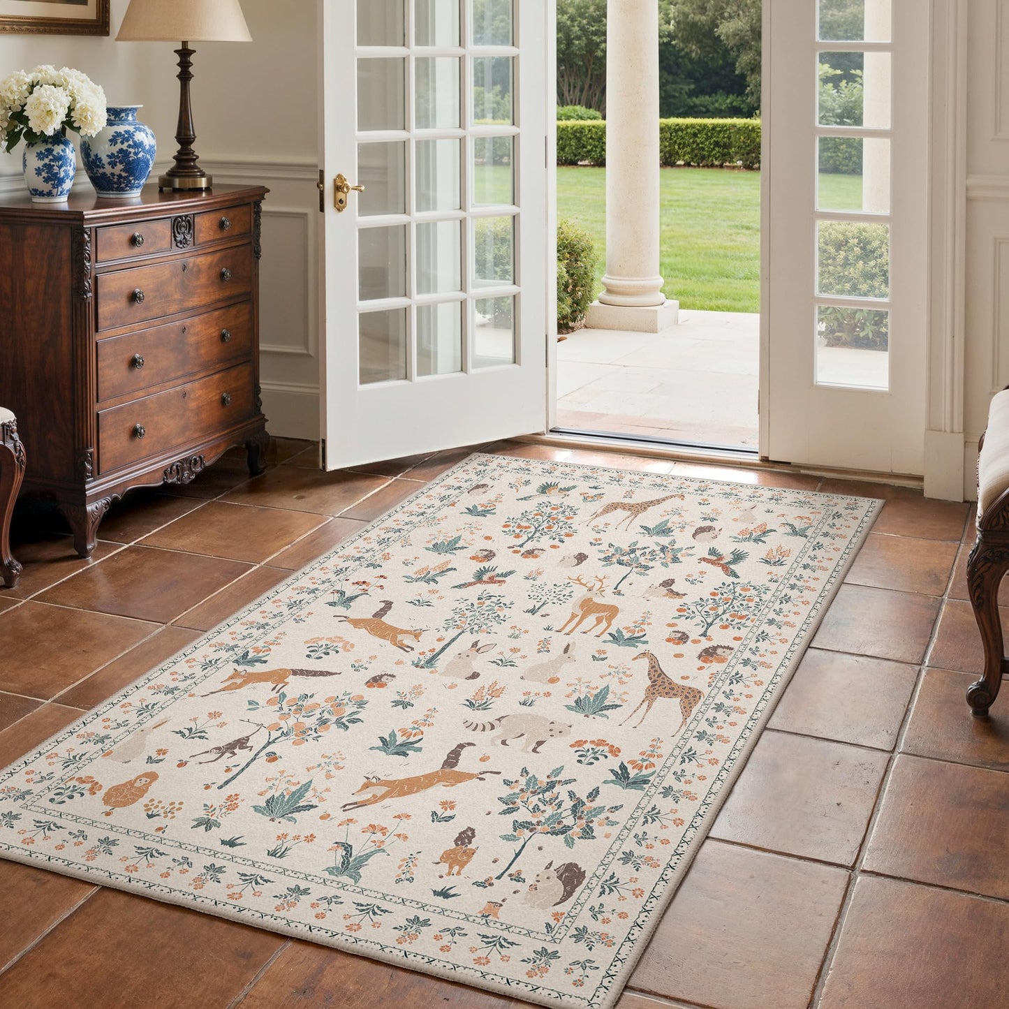BESBLEE Washable Rugs 3x5, Soft Animal Print Ultra-Thin Low Pile Carpet, Non-Slip Stain Resistant Floral Pet Friendly Woodland Jungle Rug for Playroom Living Room Bedroom Entryway, Beige