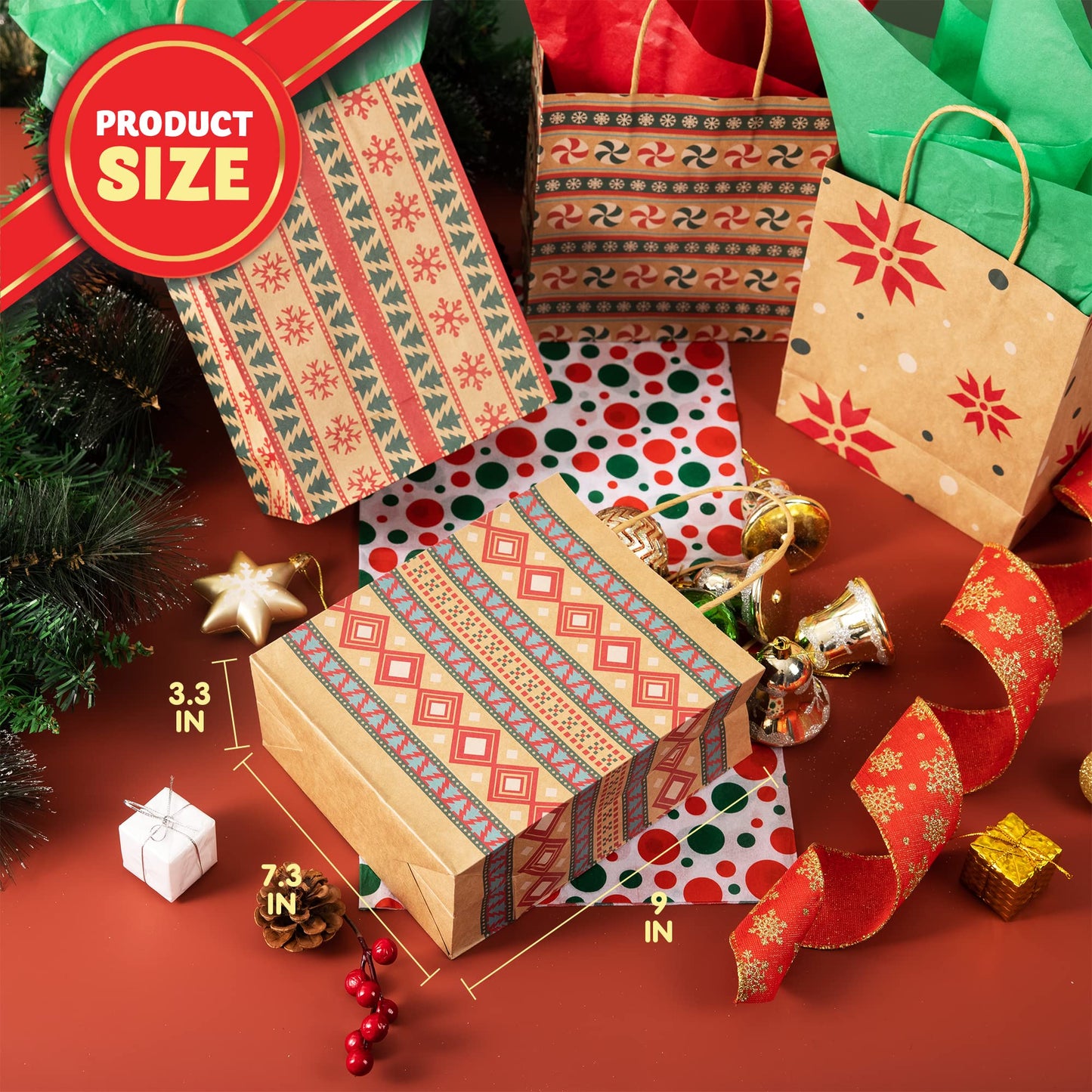 JOYIN 24 PCS Christmas Kraft Gift Bags for Present Wrapping, Holiday Paper Goody Gift Treat Candy Bags for Xmas Decor Supplies Classrooms Wedding and Party Favors (9" x 7.3" x 3.3")