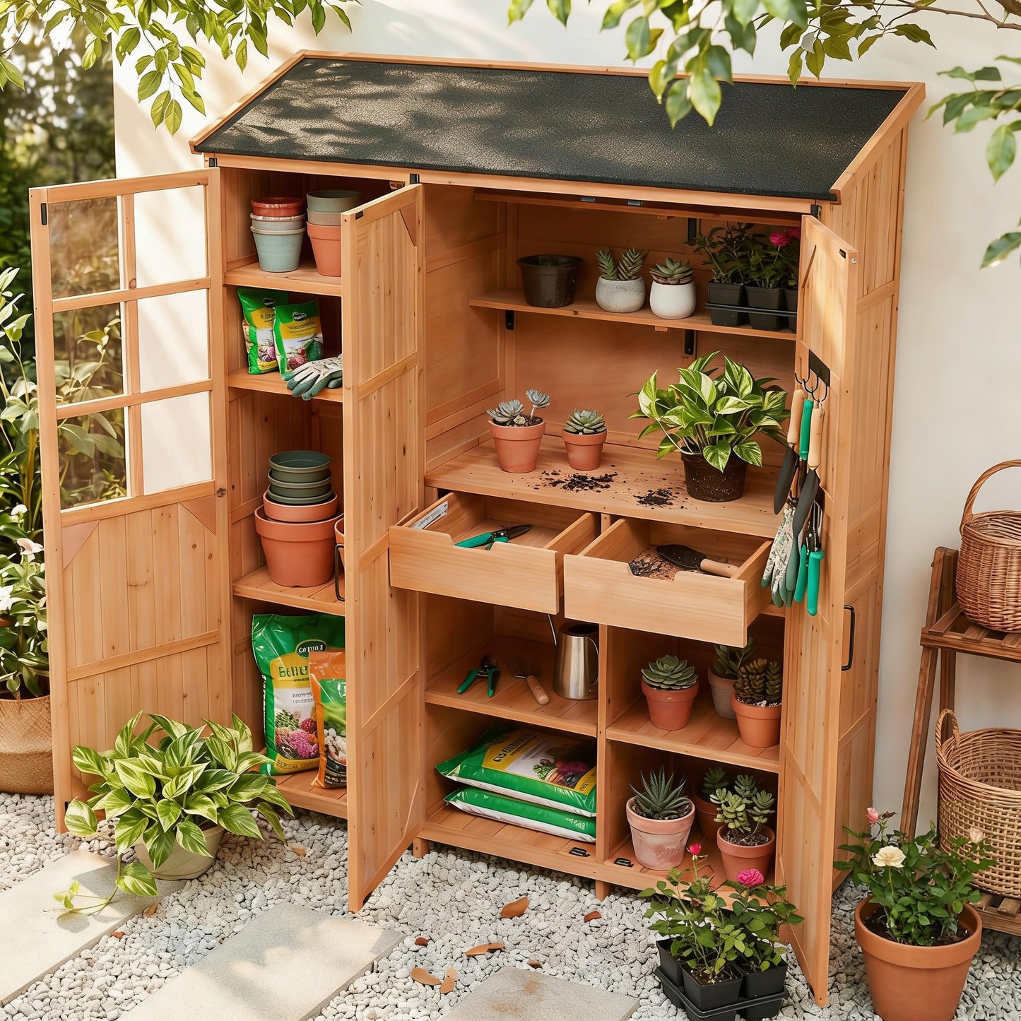 Outdoor Garden Shed with Waterproof Roof and Workstation, Outdoor Storage Cabinet with 7 Storage Shelves, 2 Drawers and 6 Hooks, Natural
