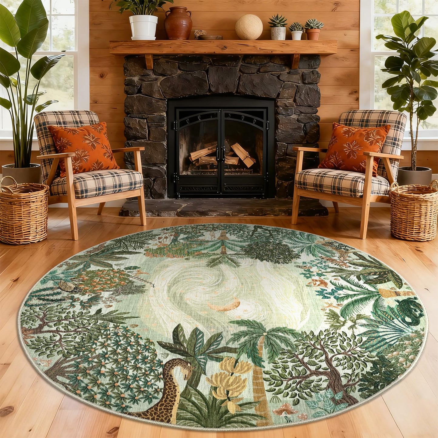 GarveeHome Round Area Rugs 6ft for Bedroom, Green Jungle Washable Circle Rug Soft Non Slip Forest Animal Print Floor Mat Tiger Carpet Indoor Thin Rug for Living Room Dining Room Playroom Nursery
