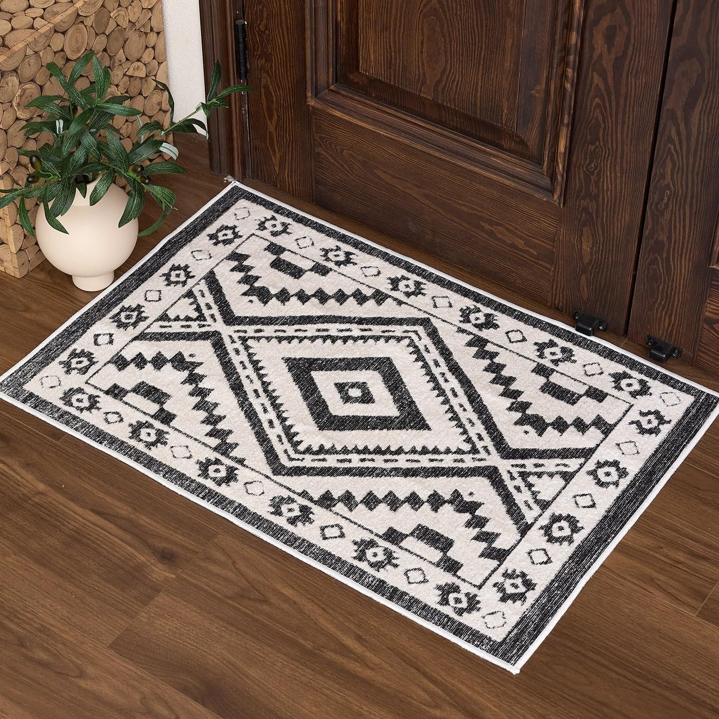 RAMEFILD Moroccan Washable Entryway Rug 2x3, Geometric Decorative Woven Area Rug, Non-Slip Boho Accent Soft Low-Pile Indoor Door Mat, Small Throw Rug for Bedroom Front Porch, Black and White