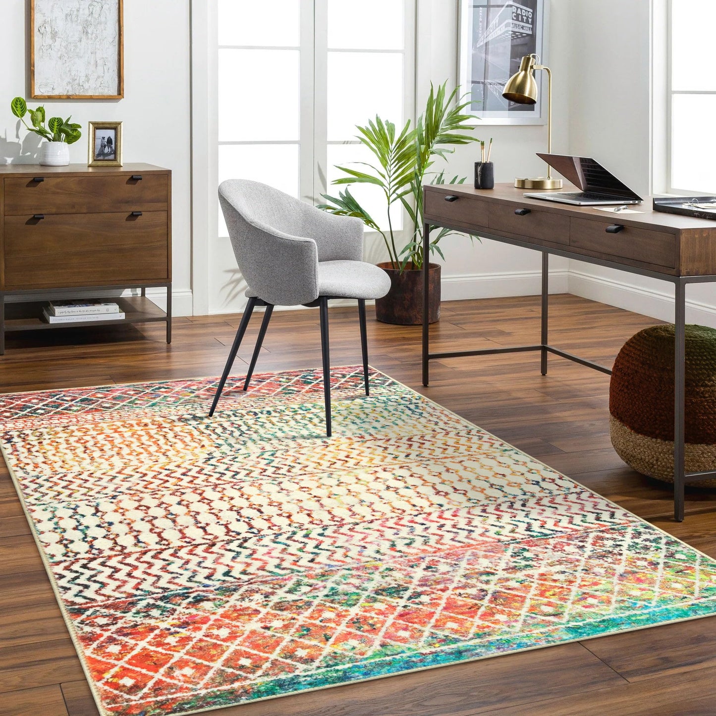 Nailttos Moroccan Living Room Rugs, 5x7 Soft Bohemian Distressed Non-Slip Large Rug, Low Pile Washable Farmhouse Rug Indoor Floor Carpet for Bedroom Under Dining Table Home Office Decor
