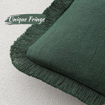 MIULEE Christmas Decorative Lumbar Throw Pillow Covers Neutral Linen Fringe Throw Pillows Set of 2 Army Green Boho Farmhouse Cushion Covers for Couch Sofa Bed Living Room Spring Home Decor 12x20 Inch