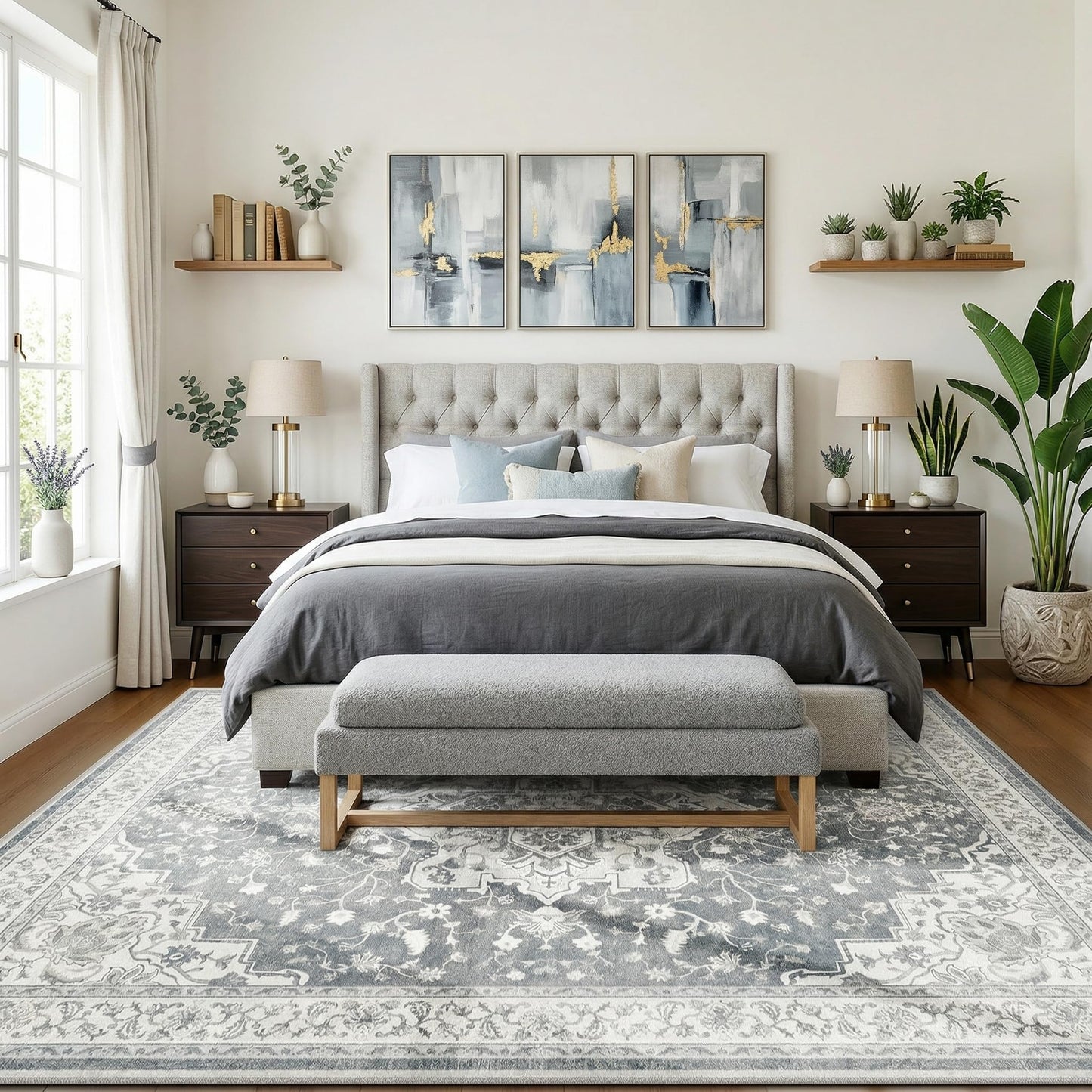 Marsail 8x10 Machine Washable Area Rug, Soft Low-Pile Carpet with Non-Slip Backing and Durable Bound Edges, Vintage Floral Design for Living Room and Bedroom, Dove Grey